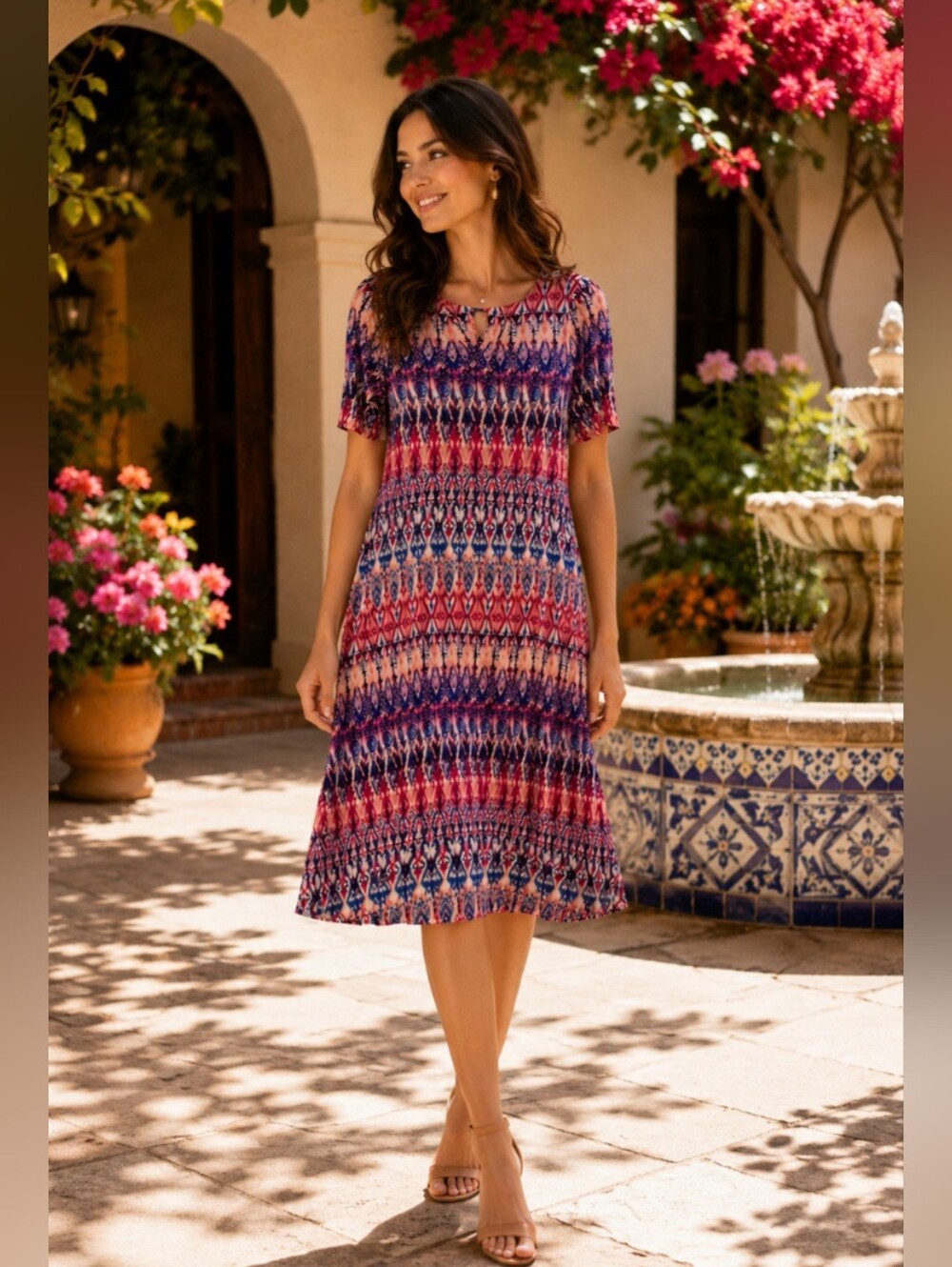 Chico's Pink, Red Blue Short Sleeve Aztec Print Midi Dress NWOT Size 0 Petite